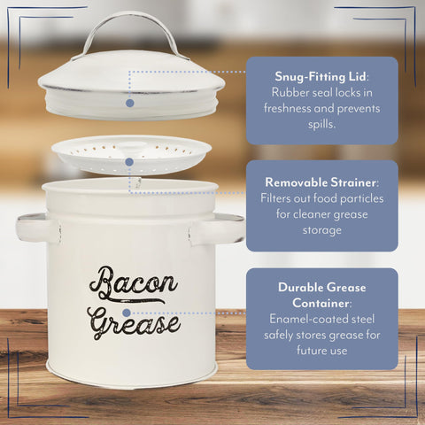 Farmhouse style enamelware grease can from AuldHome Design enhances rustic kitchen decor