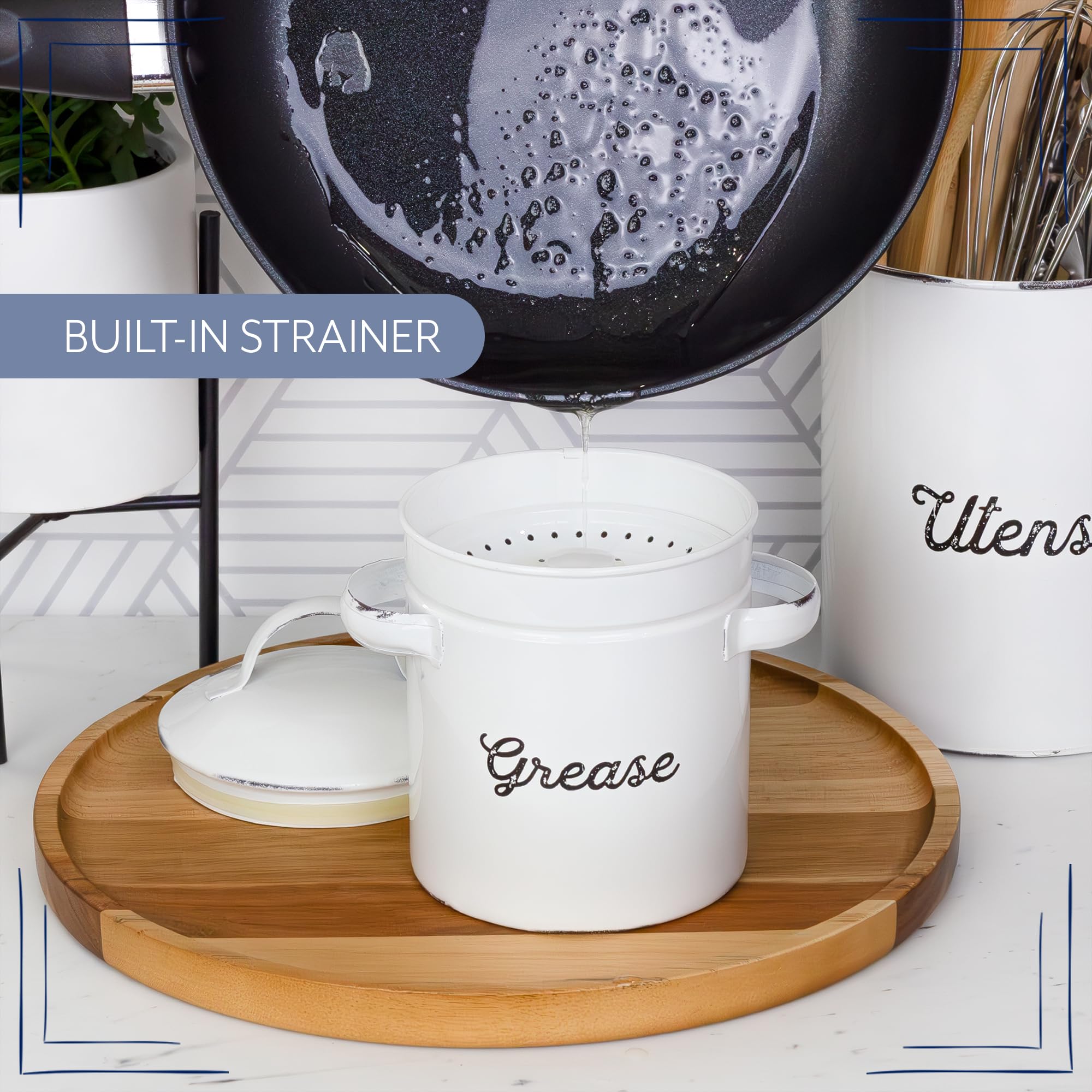 Grease container shown on counter for easy access