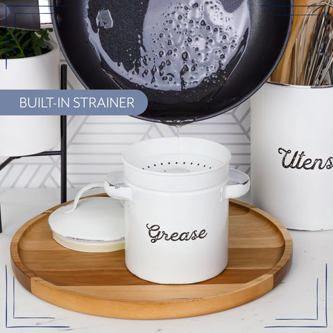 Grease container shown on counter for easy access