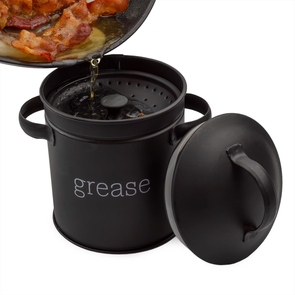 AuldHome Design grease container with built-in strainer for kitchen storage