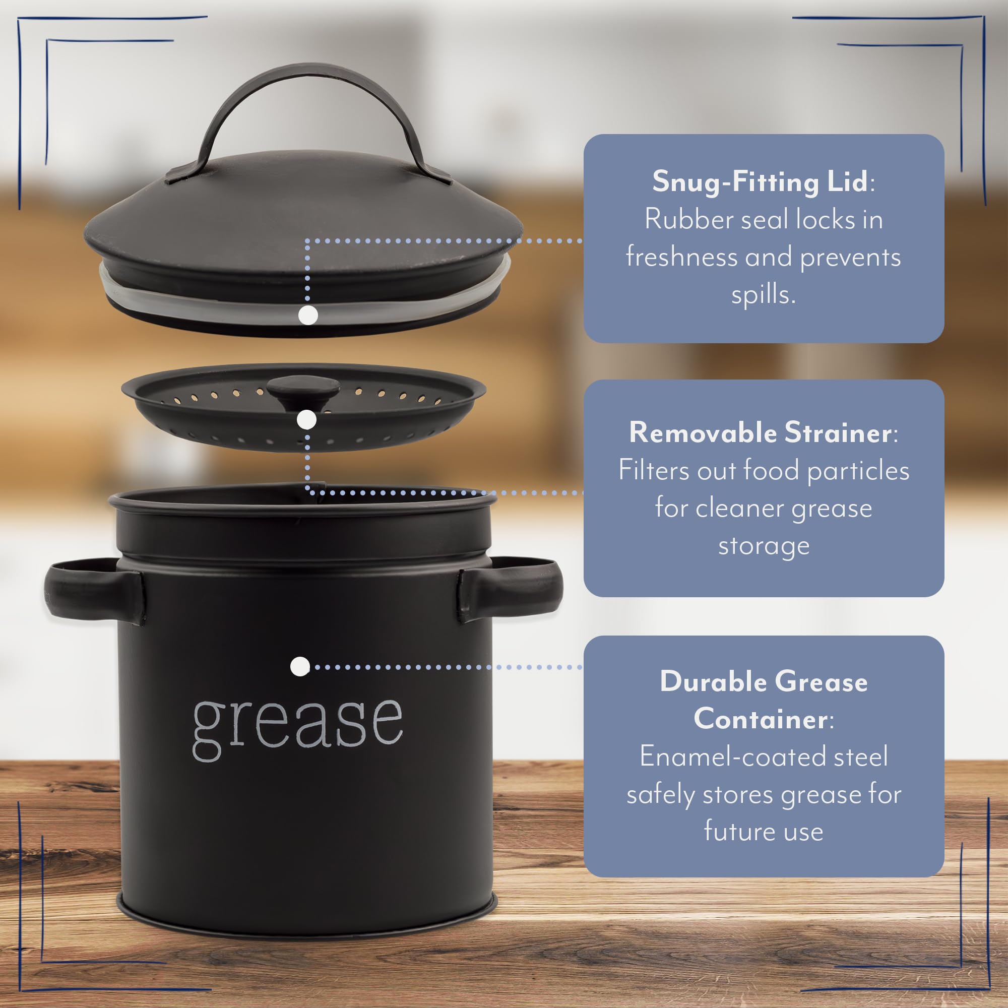 Black enamel grease holder complements farmhouse kitchens