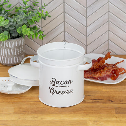 AuldHome Design white enamelware grease holder with lid to reduce splatter