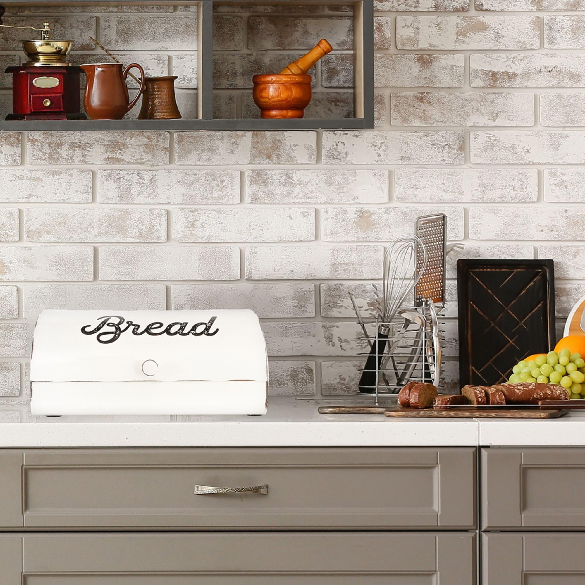AuldHome Design kitchen display with bread box blends function and farmhouse style.