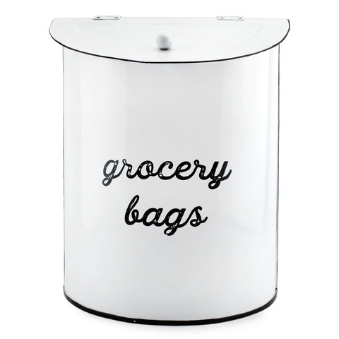 AuldHome Design rustic grocery bag holder mounted on kitchen wall keeps bags organized.