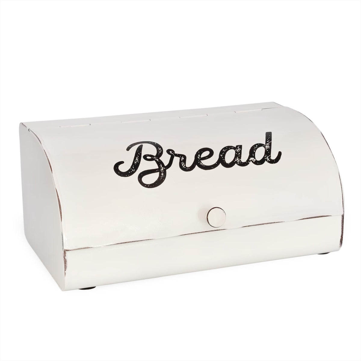 AuldHome Design rustic white bread box front view adds vintage charm and practical counter storage.