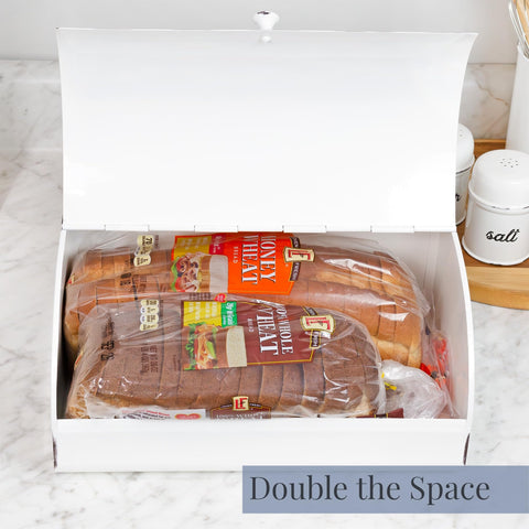 AuldHome Design rustic white bread box roll-top lid highlights easy access to baked goods.