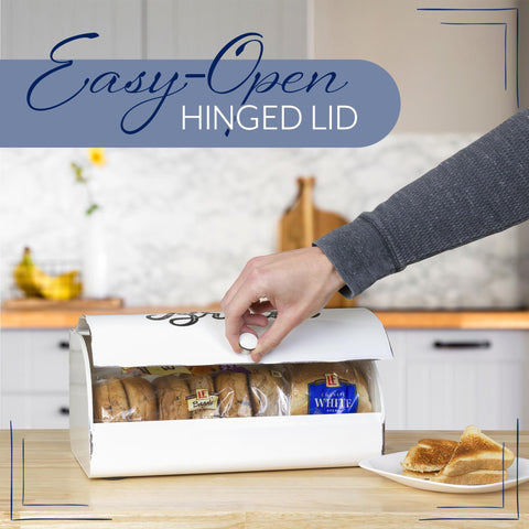 AuldHome Design rustic white bread box side profile shows distressed enamel and vintage character.