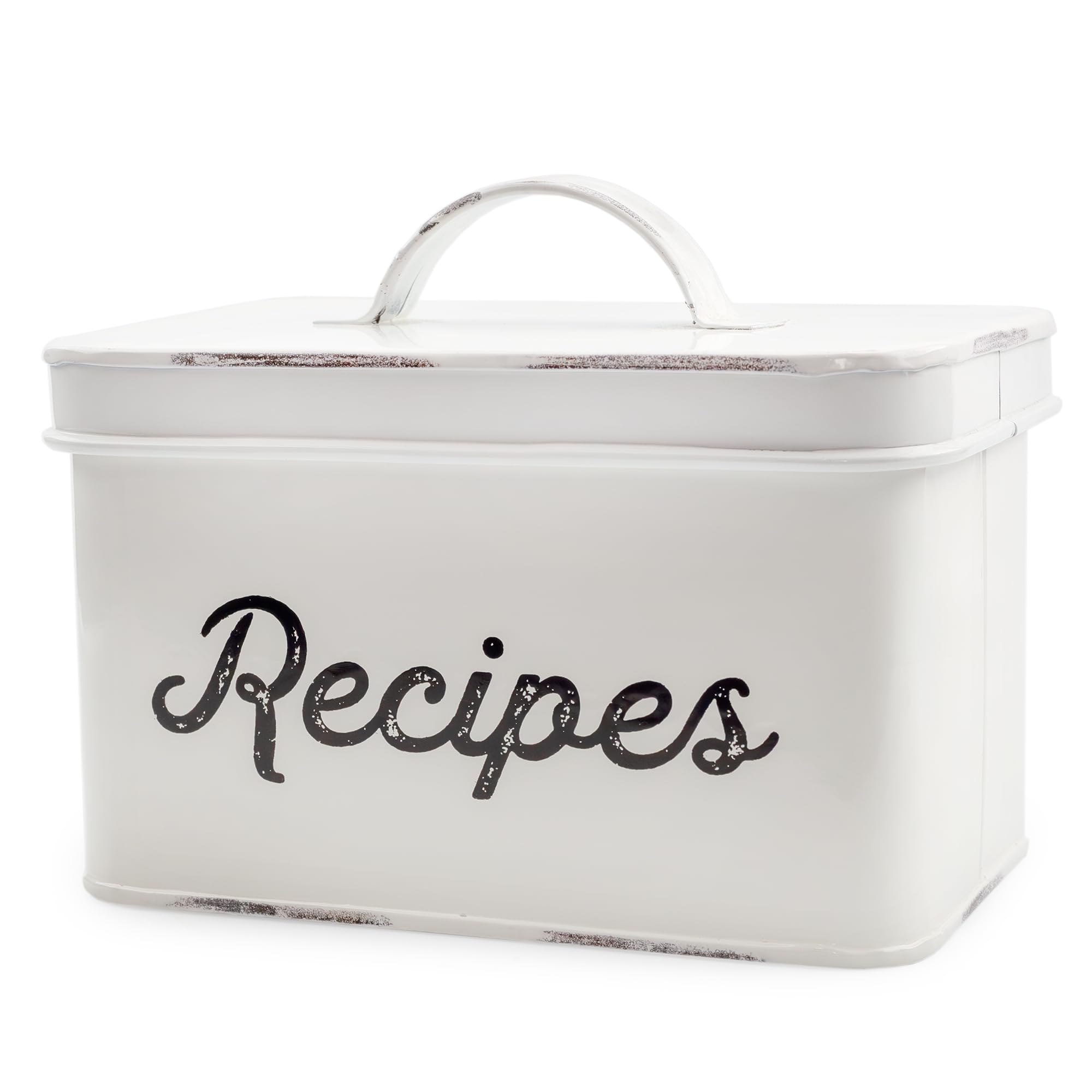 AuldHome Design rustic white recipe box, front view, adds farmhouse charm and keeps 4x6 recipes tidy.