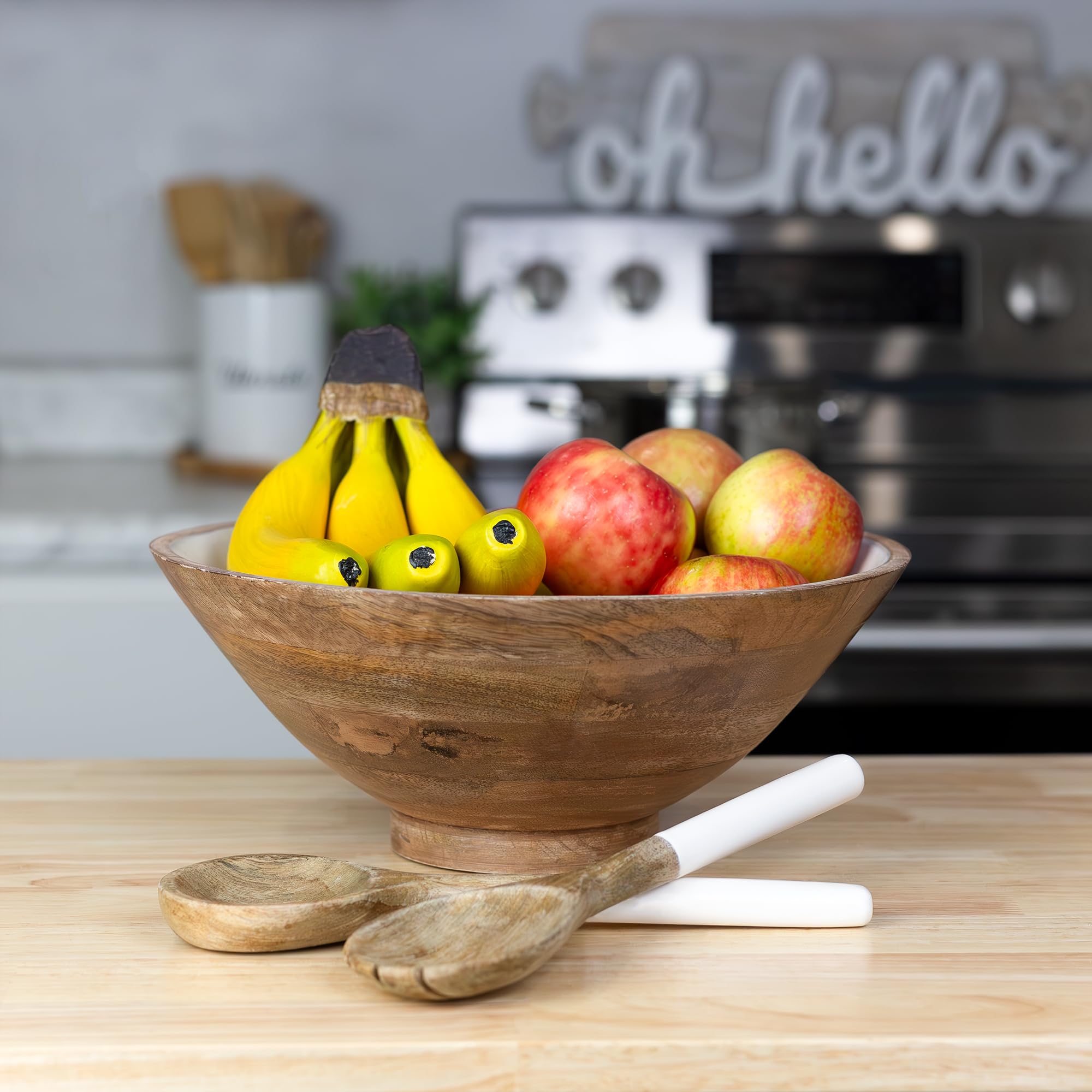 AuldHome Design white enamel interior contrasts with brown exterior for elegant serving.