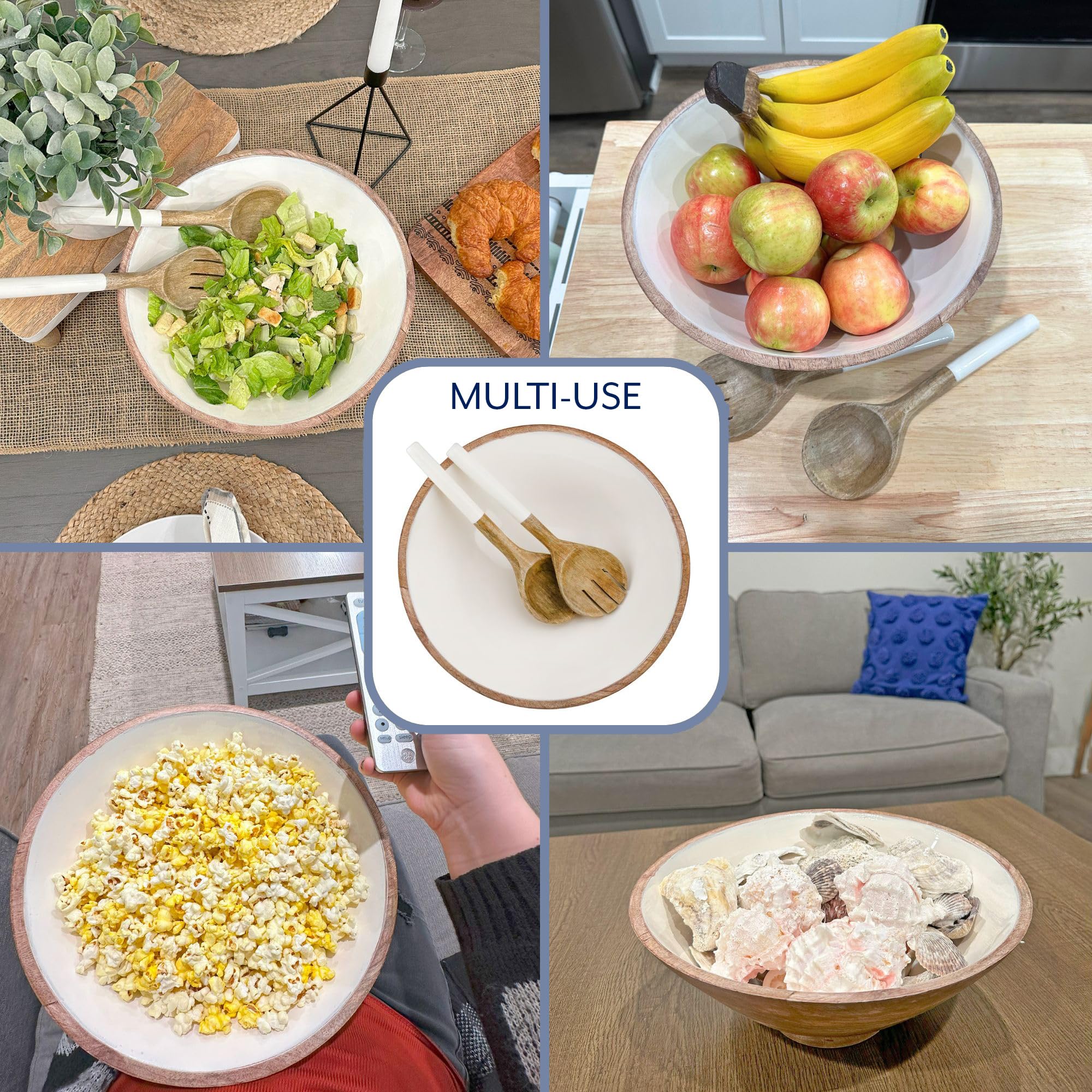 AuldHome Design spoons with white handles and wooden ends for versatile serving.
