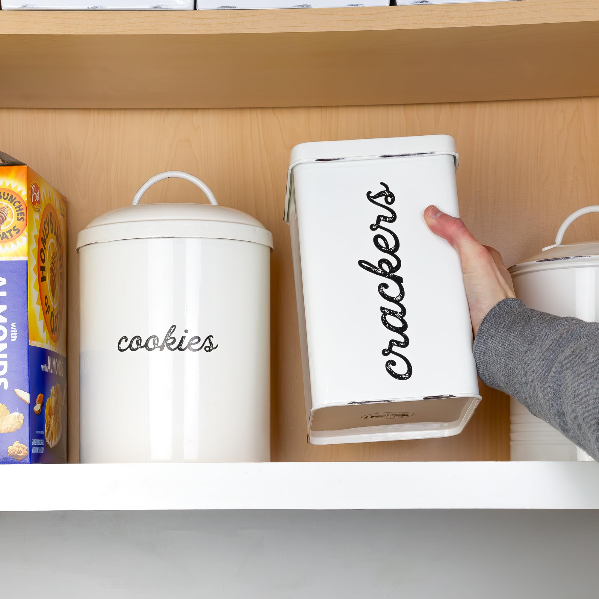 AuldHome cracker storage on countertop demonstrates easy snack accessibility.