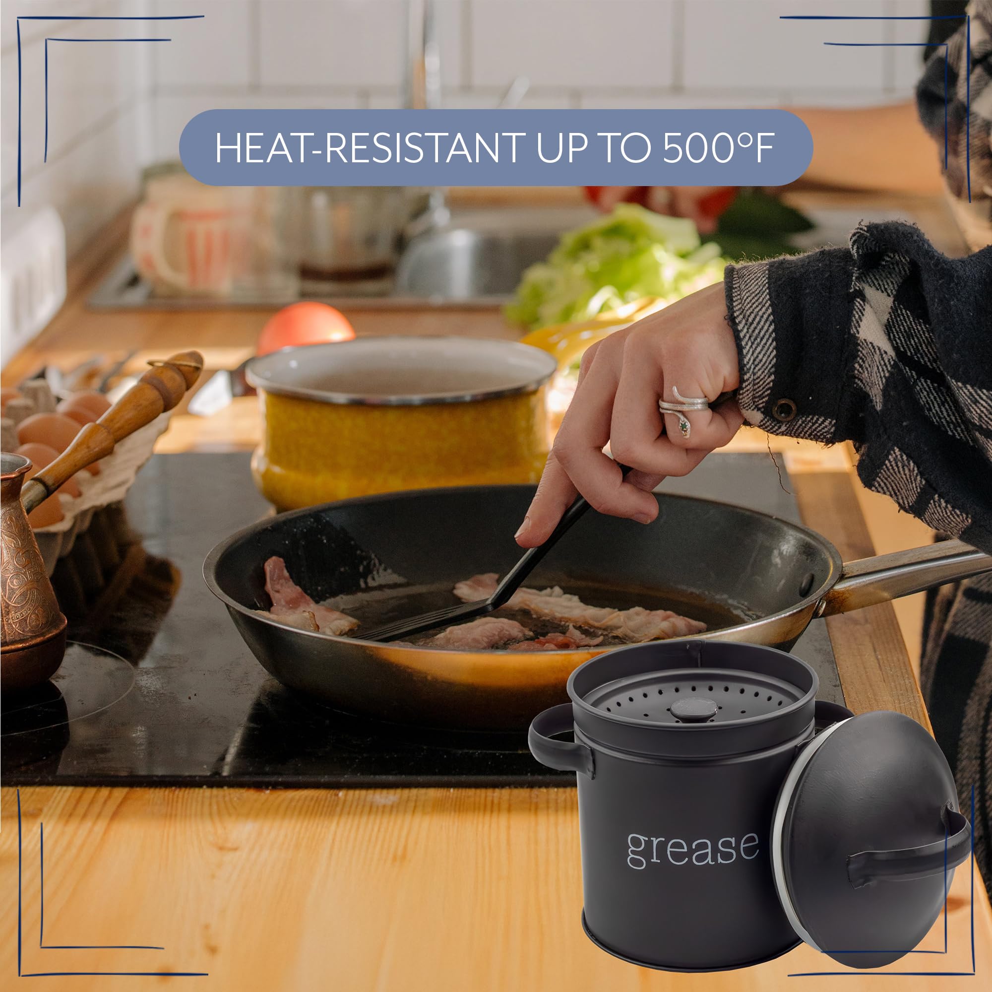 Durable enamel over steel provides long-lasting grease storage