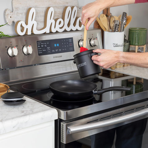 AuldHome enamelware set supports bacon grease storage