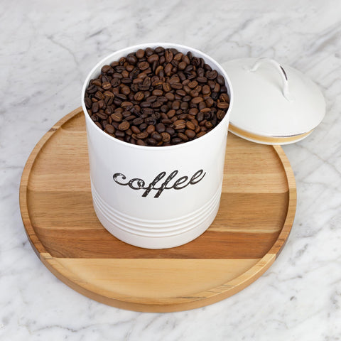 AuldHome enamelware coffee canister empty with clean interior for fresh storage.