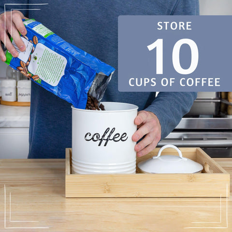 AuldHome enamelware coffee canister galvanized steel base detail for rustic appeal.