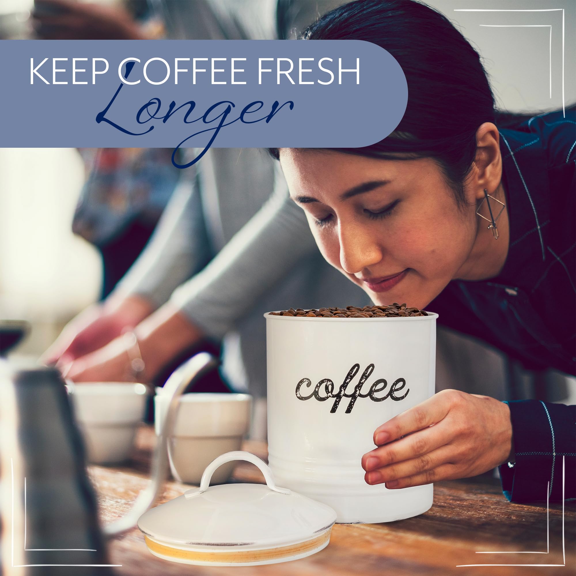 AuldHome enamelware coffee canister in kitchen setting demonstrates practical organization.