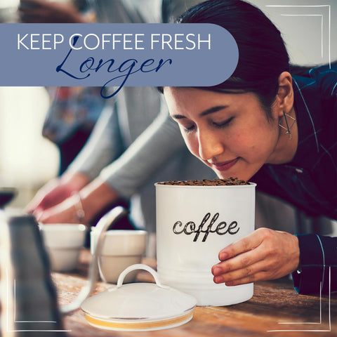 AuldHome enamelware coffee canister in kitchen setting demonstrates practical organization.