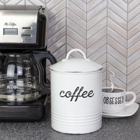 AuldHome enamelware coffee canister with white lid, top view showing sturdy construction.