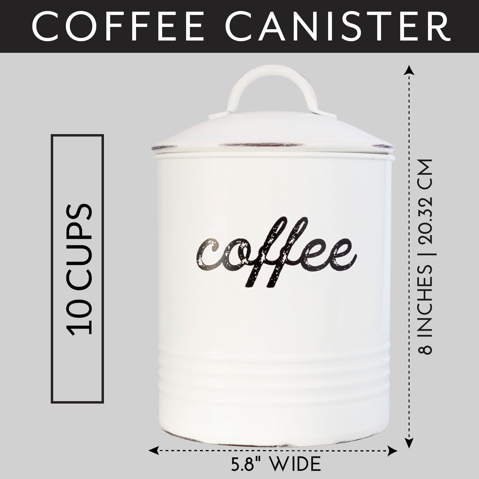 AuldHome enamelware coffee canister white script detail conveys classic style.