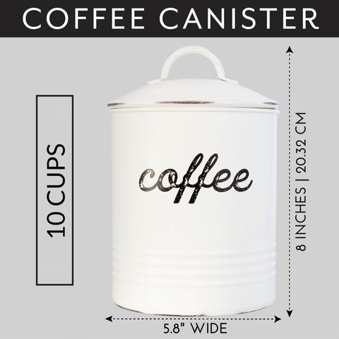 AuldHome enamelware coffee canister white script detail conveys classic style.