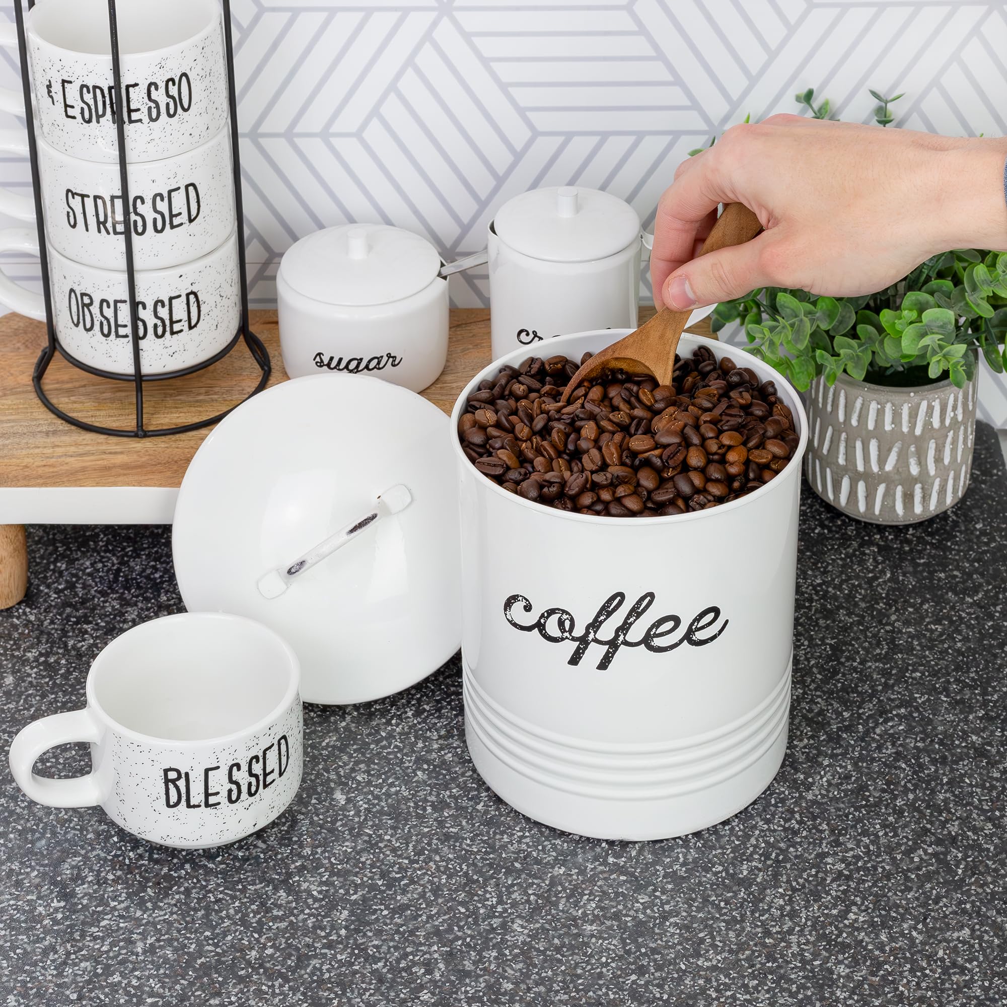 AuldHome enamelware coffee canister white side view highlights distressed finish.