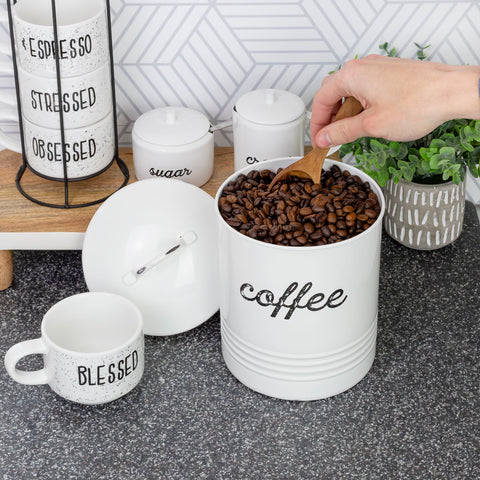 AuldHome enamelware coffee canister white side view highlights distressed finish.