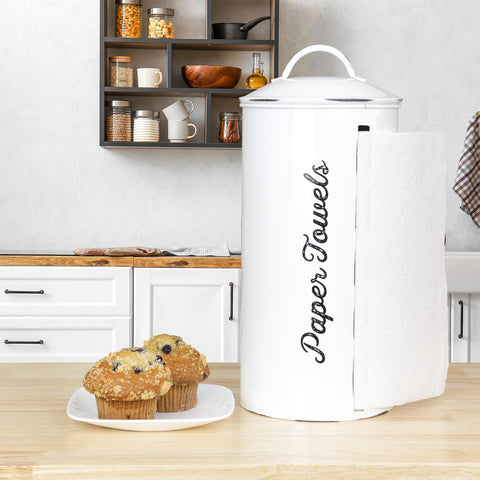 AuldHome enamelware countertop dispenser with rustic style for organized towels.