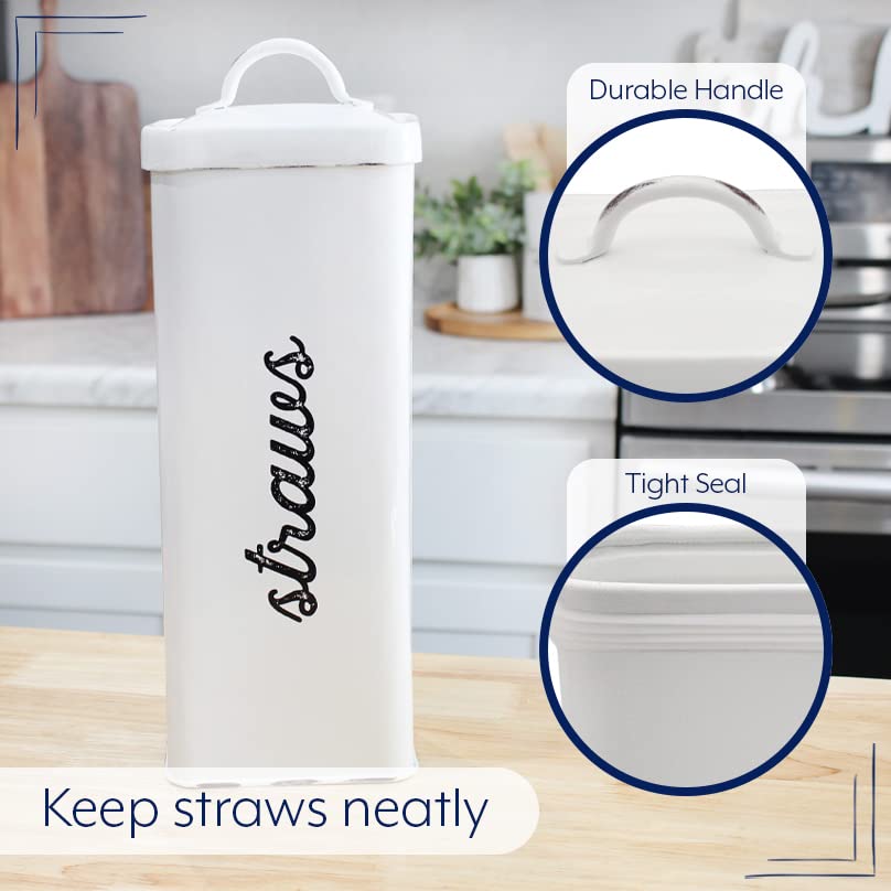Close-up of white enamel rim on AuldHome straw holder, highlighting durable rustic finish.