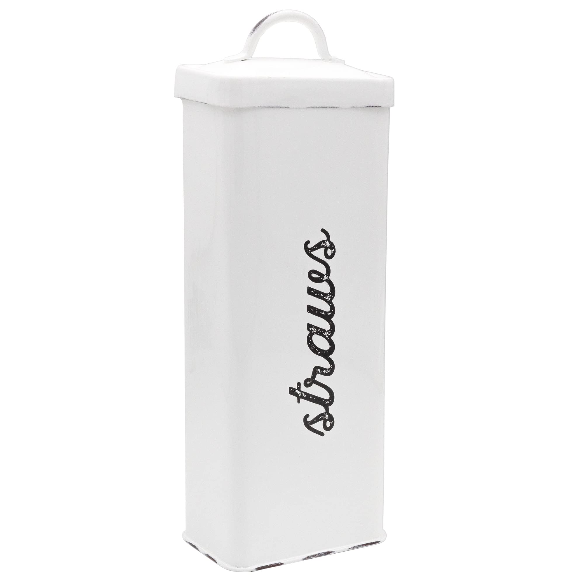 AuldHome Design straw holder in white enamelware on kitchen counter, keeps straws organized.