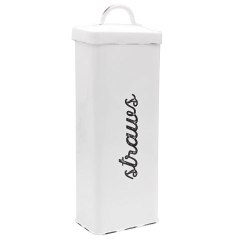 AuldHome Design straw holder in white enamelware on kitchen counter, keeps straws organized.