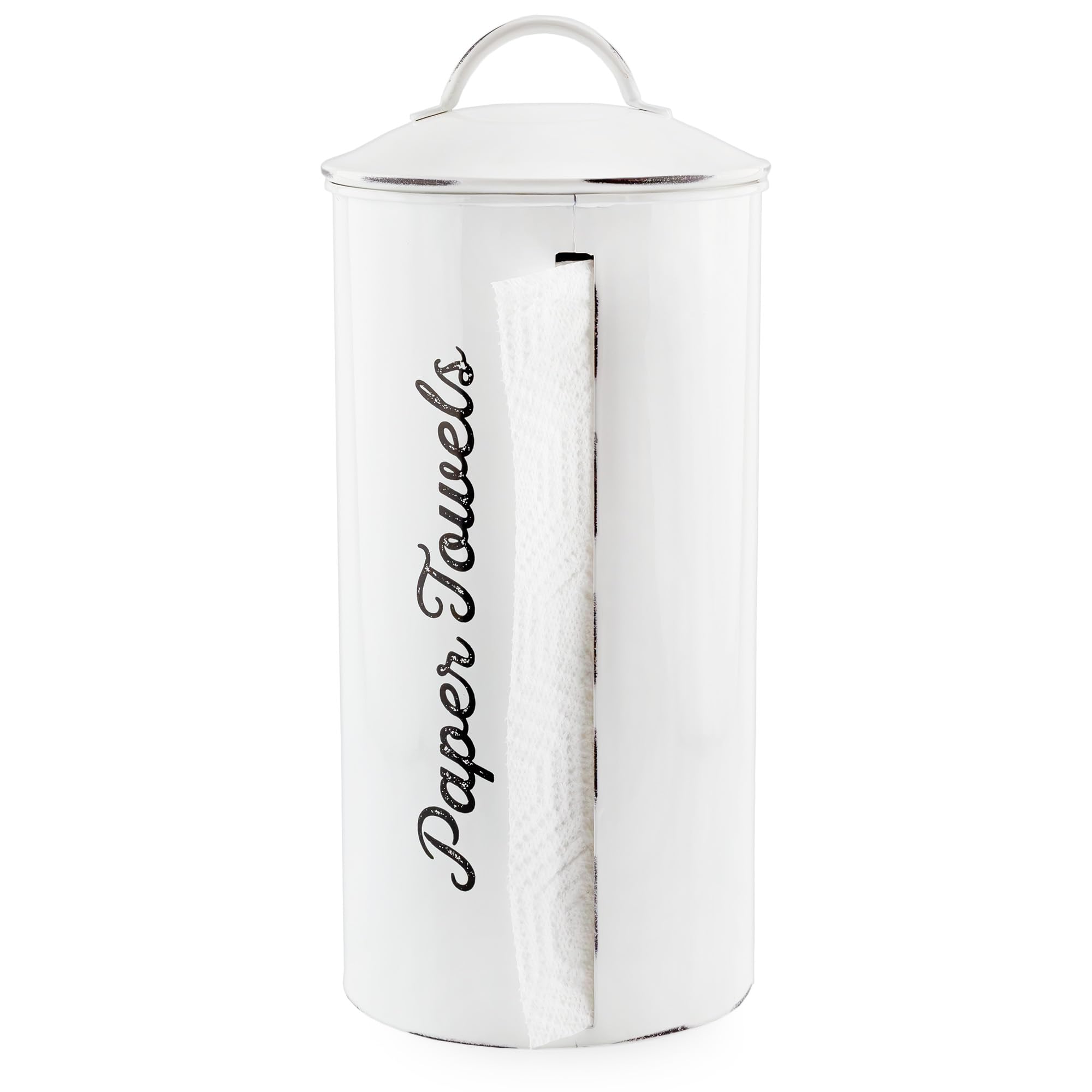 AuldHome Design farmhouse paper towel holder in white enamel keeps towels clean and dry.