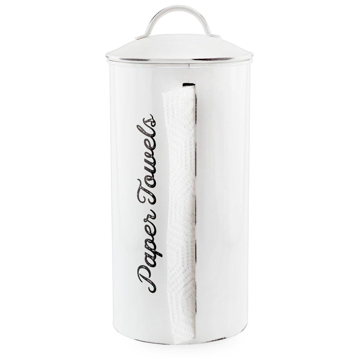 AuldHome Design farmhouse paper towel holder in white enamel keeps towels clean and dry.