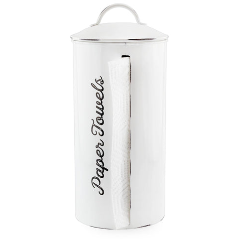 AuldHome Design farmhouse paper towel holder in white enamel keeps towels clean and dry.