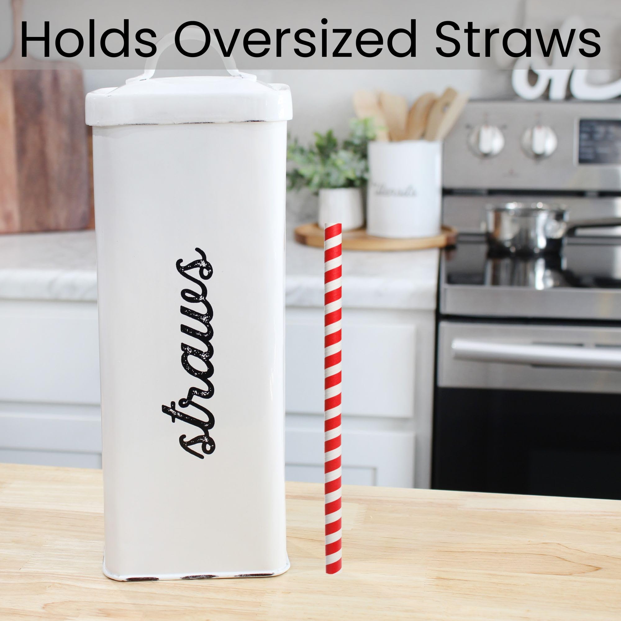 AuldHome straw holder doubles as a decorative piece on open shelving.