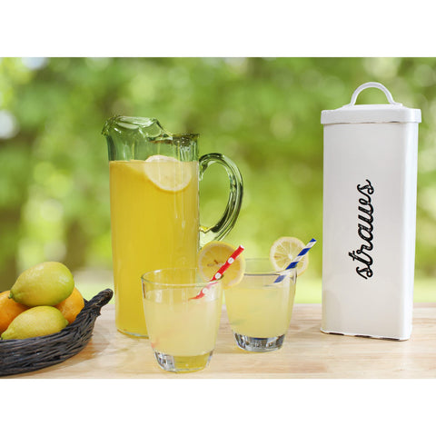 Rustic metal storage canister design with enamel finish from AuldHome, ideal for kitchen counters.