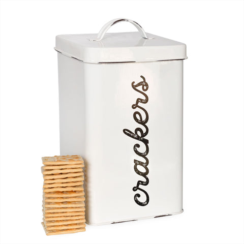 AuldHome Rustic White Cracker Tin on a kitchen shelf adds farmhouse charm and organization.