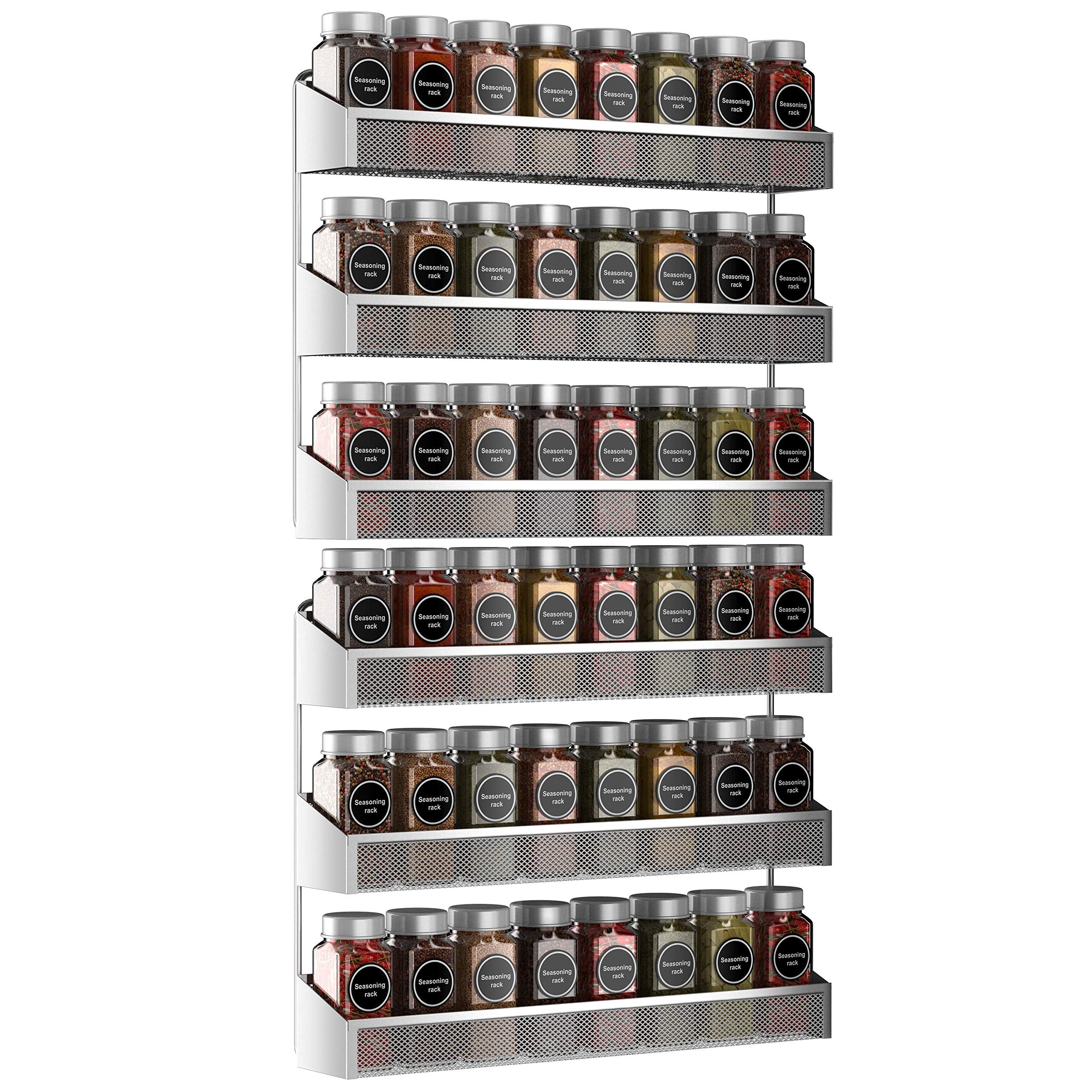Auledio 2-pack 3-tier chrome spice rack on countertop keeps spices organized.
