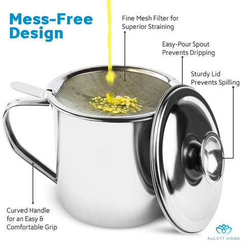 Aulett Home no-spill oil container lid covers mesh and canister for mess-free storage.