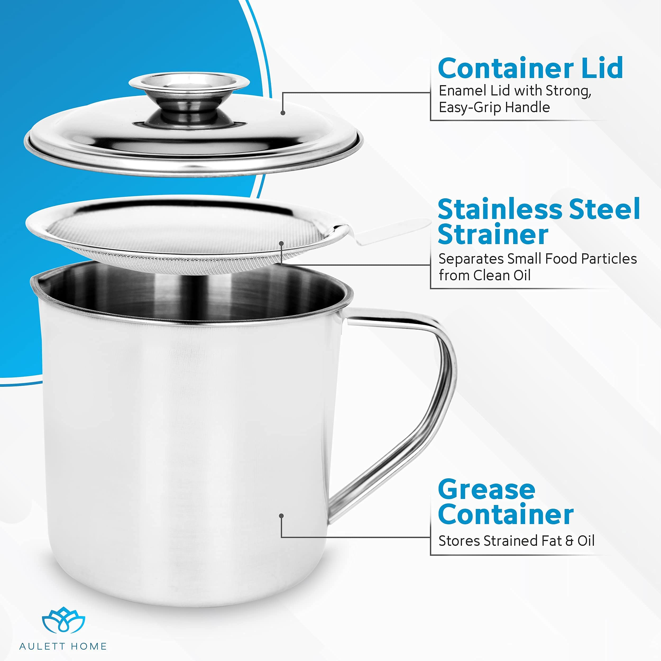 Aulett Home stainless steel grease separator with pour spout for no-spill pouring.