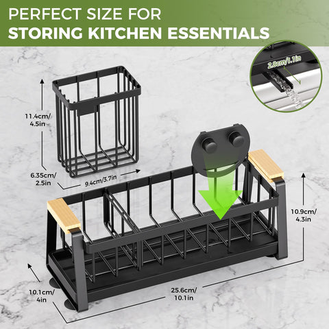 AUMOVAWA sink caddy organizer with adjustable spaces for brushes and soap.
