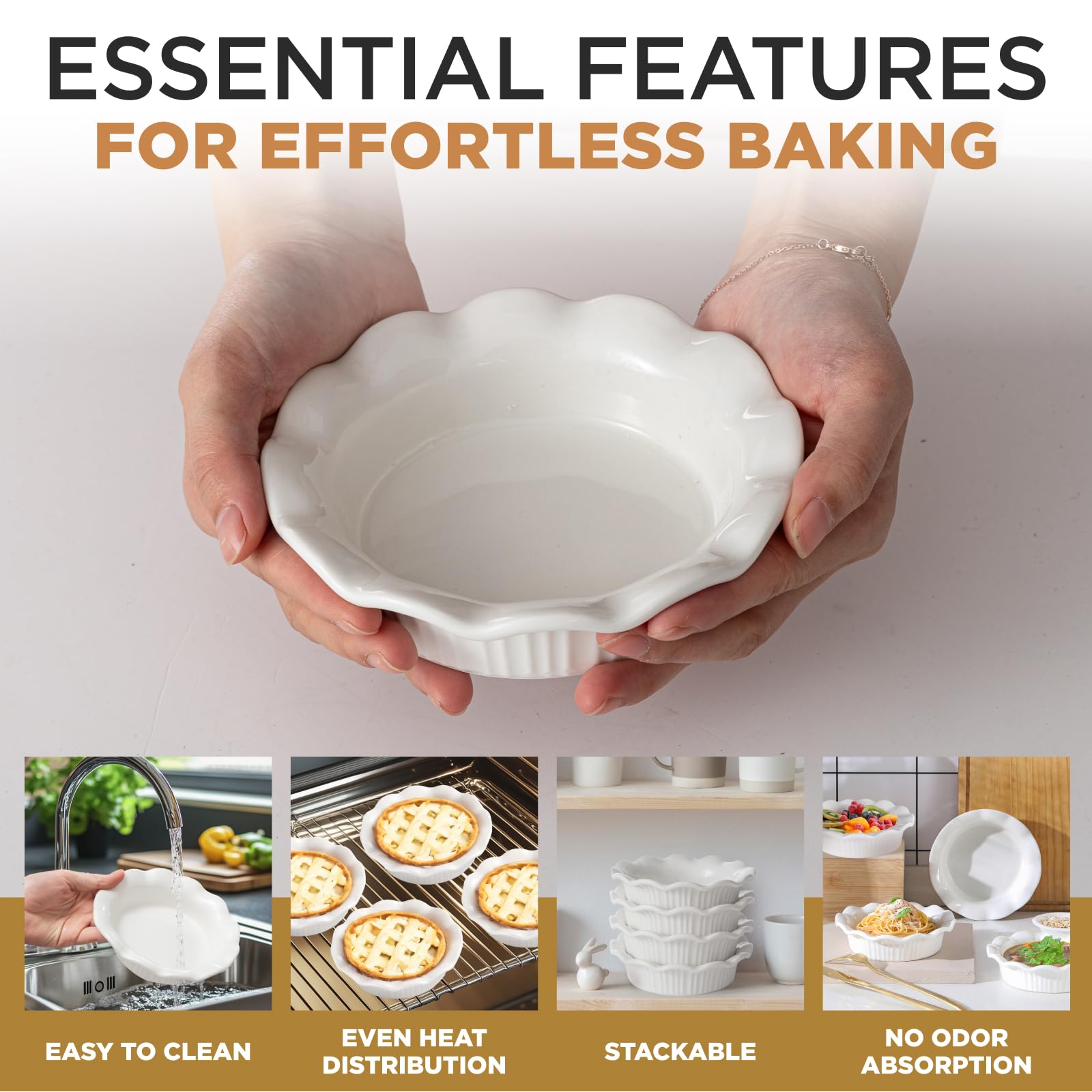 Aunt Shannon's Kitchen oven-safe porcelain pans endure heat for baking and roasting.