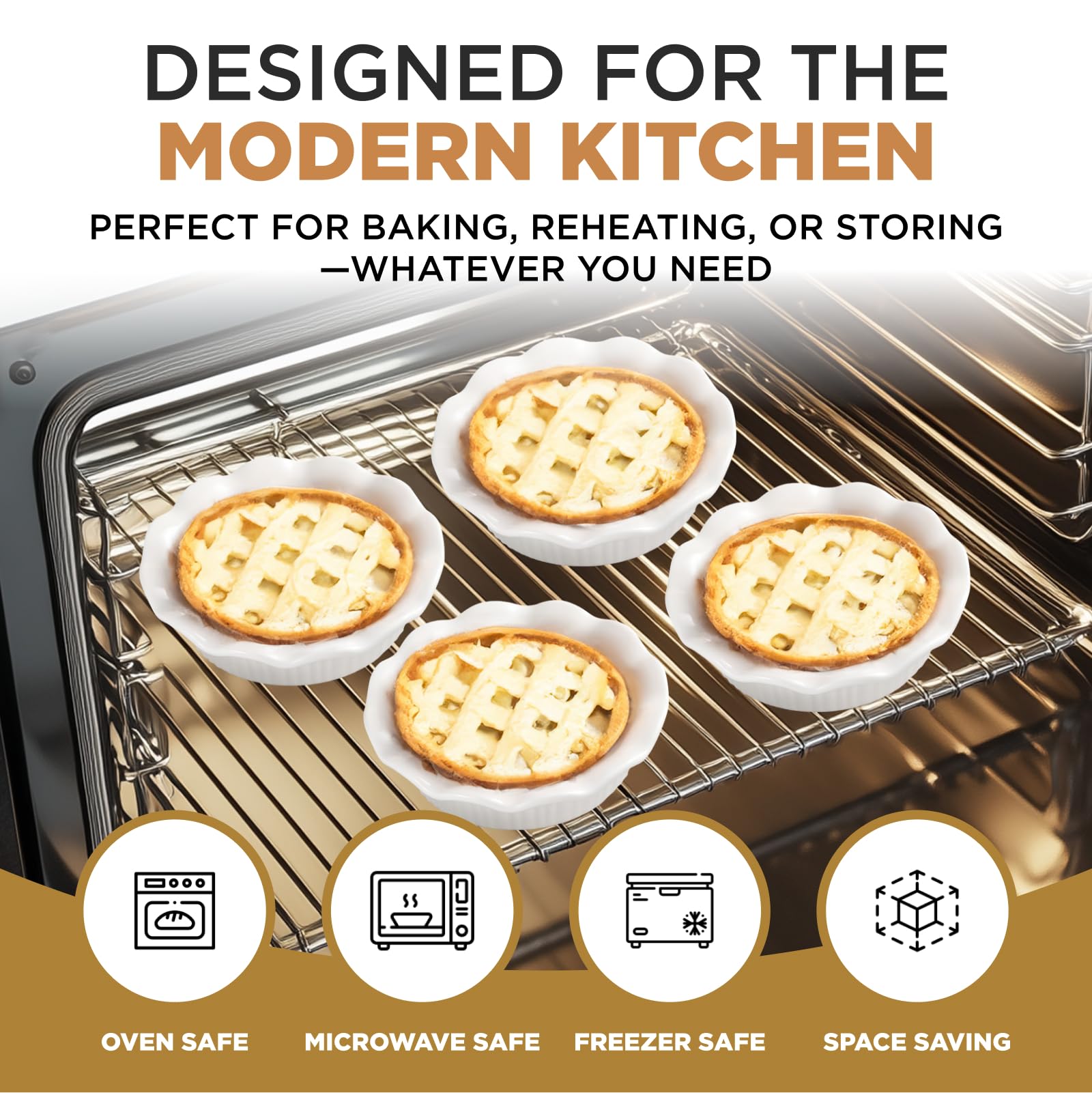 Aunt Shannon's Kitchen stackable pie dishes save cabinet space when not in use.
