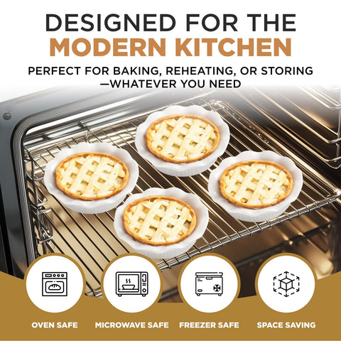 Aunt Shannon's Kitchen stackable pie dishes save cabinet space when not in use.
