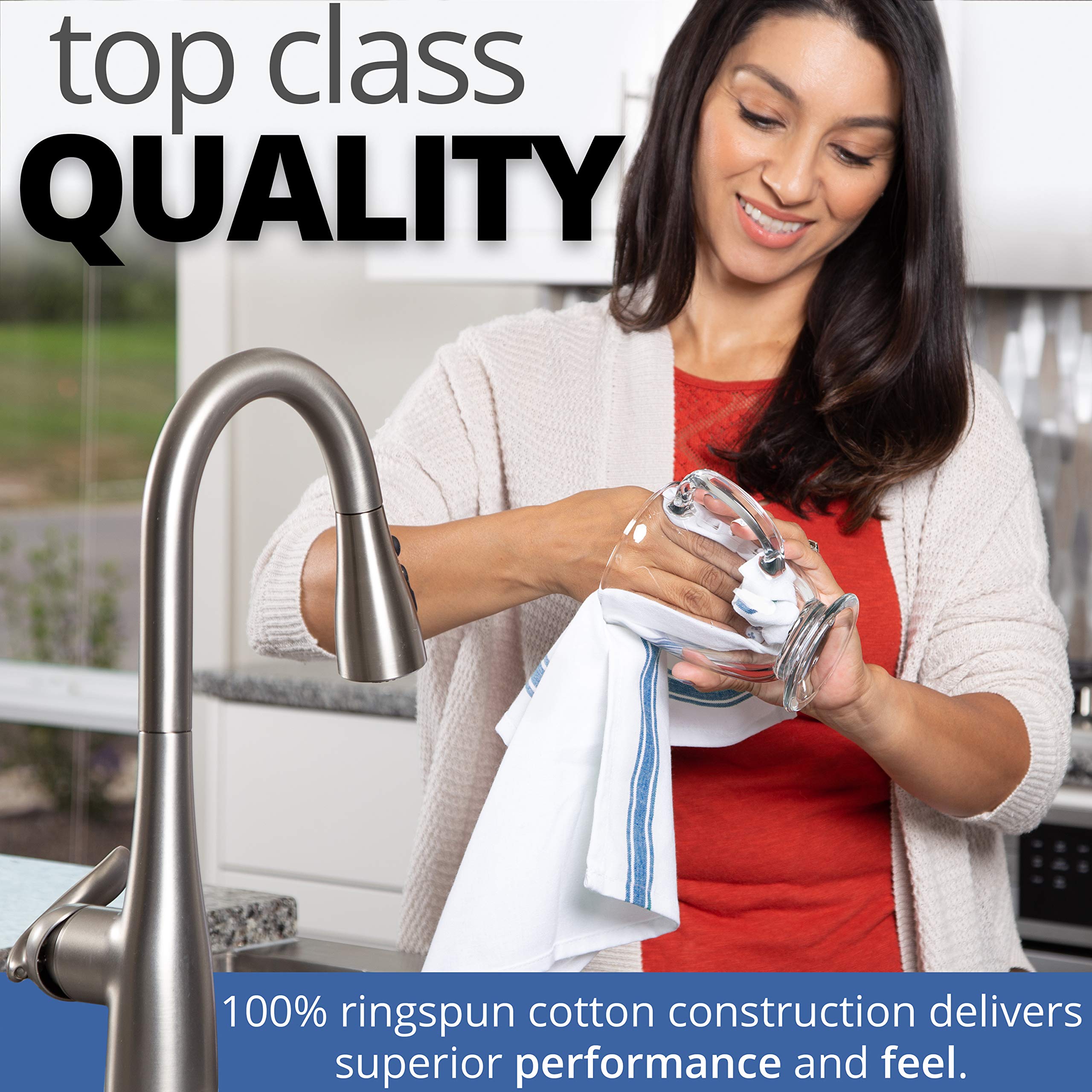 Aunti Em's Kitchen towels blue stripes on a rack, ideal for drying glassware without lint