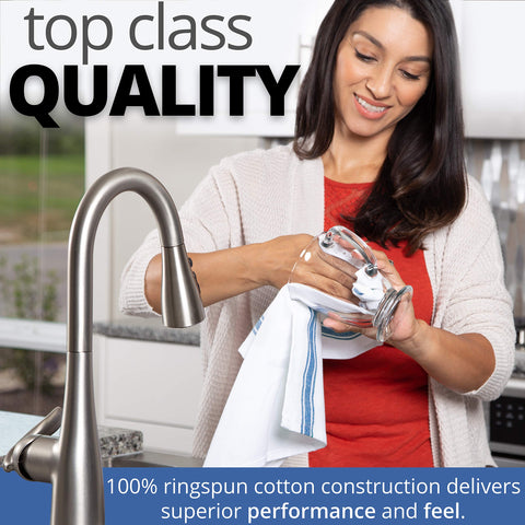 Aunti Em's Kitchen towels blue stripes on a rack, ideal for drying glassware without lint