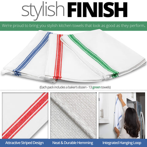 Aunti Em's Kitchen towels with hemmed edges and hanging loop for easy storage.