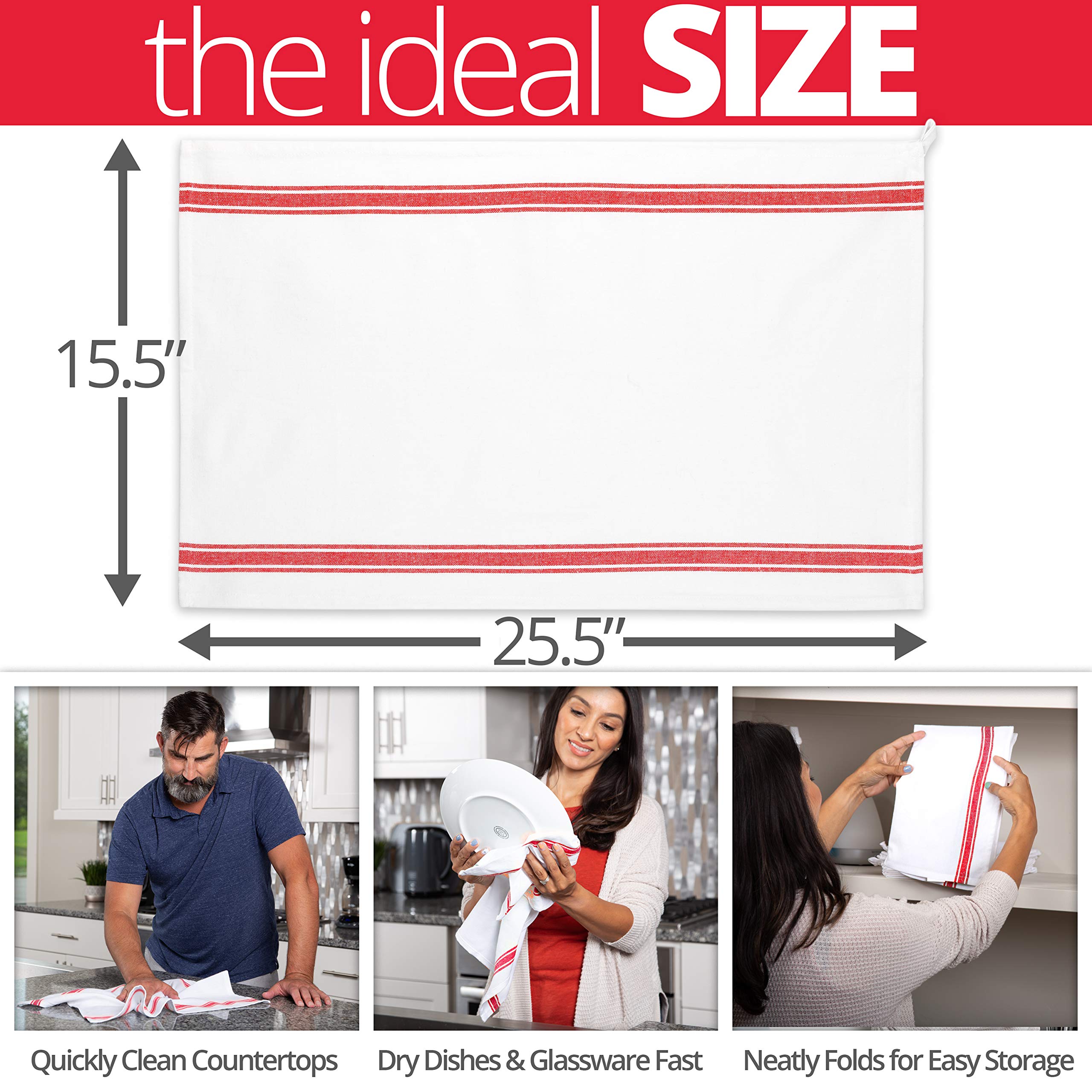 Aunti Em's Kitchen towels with four-sided hems resist wear and fraying.