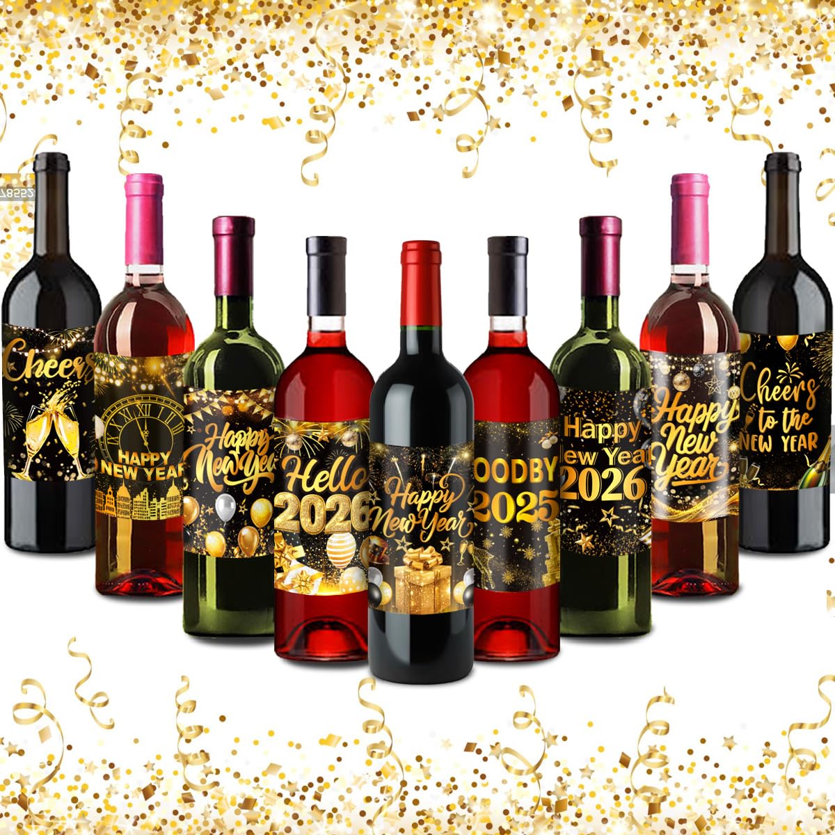 AUOCATTAIL Labels on wine bottles showcase New Year decoration.
