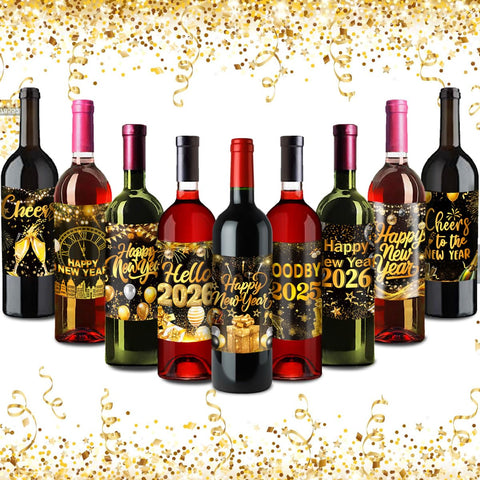AUOCATTAIL Labels on wine bottles showcase New Year decoration.