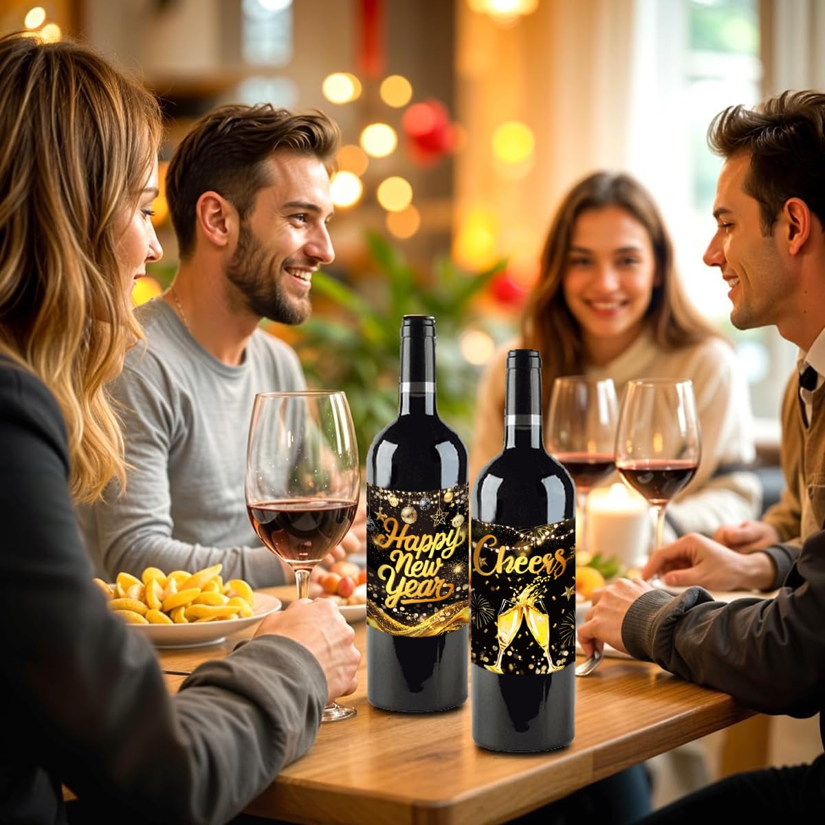 AUOCATTAIL New Year bottle labels with fireworks theme for elegant celebrations.